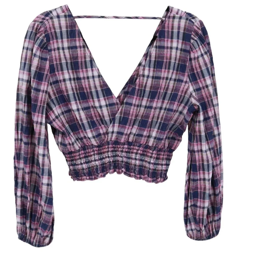 Zara Plaid Crop Top Womens S Blue Puff Sleeve Preppy Picnic Summer Resort Travel